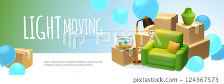 Light moving service 3D vector banner design, cardboard boxes stack, armchair, lamp and aquarium with balloons, delivery 124367573