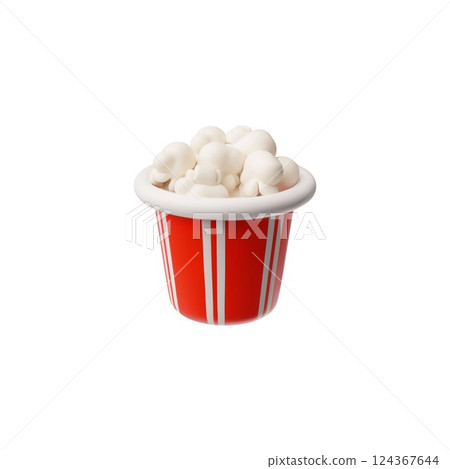 Realistic popcorn bucket 3D plastic cartoon vector icon, cinema theater or movie pop corn snack, red white stripe basket Realistic popcorn bucket 3D plastic cartoon vector icon, cinema theater or movie pop corn snack, red white stripe basket 124367644