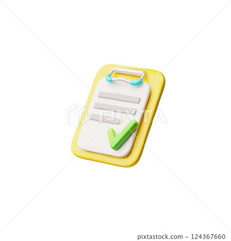 3D design of folder with checklist and green check mark. Project or report closure concept. 3D design of folder with checklist and green check mark. Project or report closure concept. 124367660