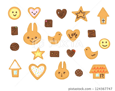 Cute rabbit sweets set, hand-drawn style, delicious looking cookies and chocolates 124367747