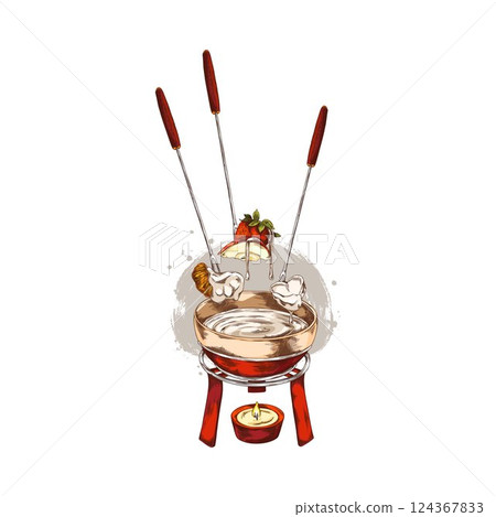 Berries and pieces of fruit on skewer with melted white chocolate hand drawn vector, candle with fondue bowl sketch 124367833