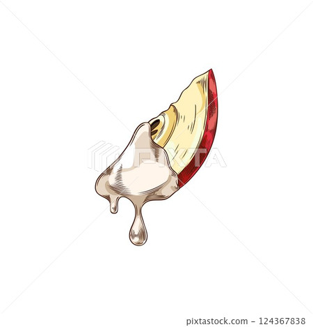 Chocolate fondue with fruits. Watercolor sketch of apple slice in melted white chocolate. 124367838