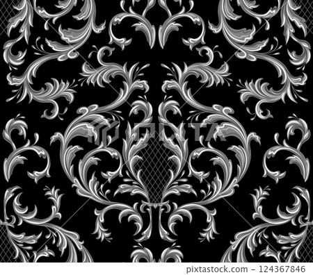 Vector filigree gothic seamless pattern. Damask ornament with silver silhouette of floral curls on black background. Baroque engraving texture 124367846