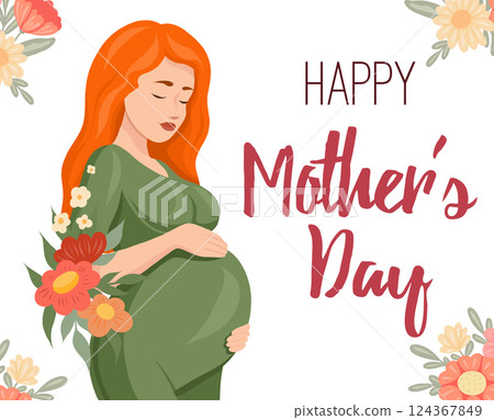 Vector postcard with a healthy pregnant woman and flowers. Pregnant woman with wildflowers and lettering. Delicate expectation of a child. 124367849