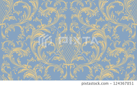 Gentle vector rococo seamless pattern. Ornament with yellow silhouette of floral curls on blue background. Vintage texture 124367851