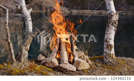 Crackling Campfire by the Lake , Sunrise , Authentic Sounds 124368110