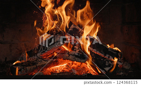 Close-up of Hot Embers with Flying Sparks . Concept of heating Fireplace Close-up of Hot Embers with Flying Sparks . Concept of heating Fireplace 124368115