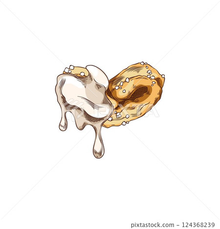 Puff pastry, ear or heart shape cookie in melted white chocolate hand drawn vector illustration, fondue biscuit sketch 124368239