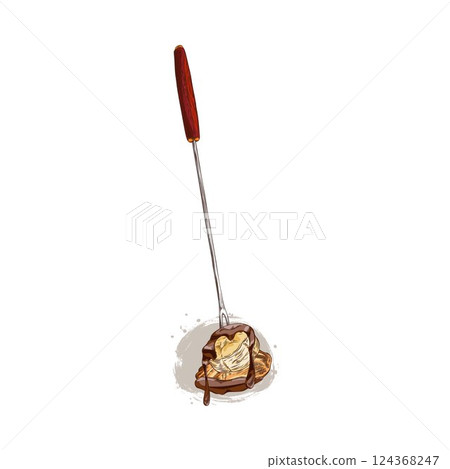 Slice of bananas and madeleine cookie in melted dark chocolate on fondue skewer with melted chocolate hand drawn vector 124368247