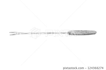 Fork fondue engraved vector, hand drawn skewer with wooden handle for dipping in melted chocolate, kitchen appliance 124368274