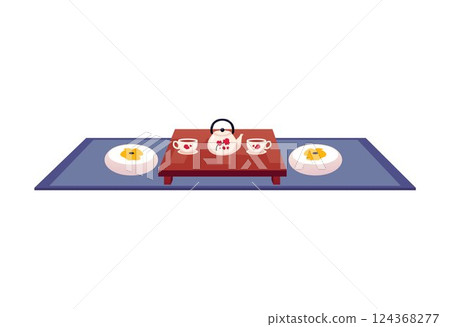 Japanese tea ceremony. Blue mat with traditional wooden table, teapot, mugs and pillows. 124368277