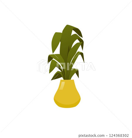 Yellow vase or pot with green plant leaves, houseplant vector illustration. Yellow vase or pot with green plant leaves, houseplant vector illustration. 124368302