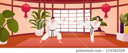 Karate men fighters in kimono in Japanese room interior vector flat illustration, oriental traditional martial art sport 124368309