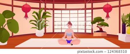 Young woman meditating in lotus pose in Japanese room interior vector illustration, girl doing yoga in oriental home 124368310