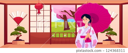 Beautiful Japanese woman holding umbrella in traditional kimono vector flat illustration, Asian room interior, Sakura 124368311