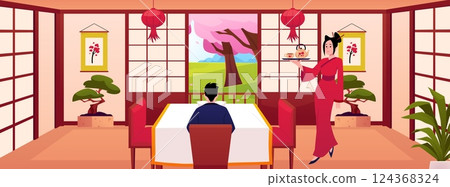 Beautiful Japanese woman serving tea ceremony for man in oriental room interior vector flat illustration, Sakura view Beautiful Japanese woman serving tea ceremony for man in oriental room interior vector flat illustration, Sakura view 124368324