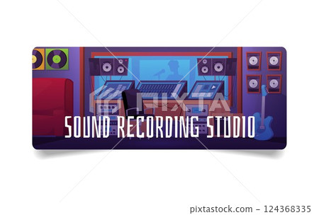 Vector illustration of a music recording studio booth with equipment, banner with text. Vector illustration of a music recording studio booth with equipment, banner with text. 124368335