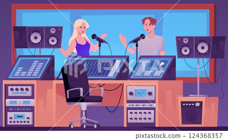 Music sound recording studio room with professional equipment vector illustration, singers performing in live room 124368357