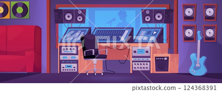 Music sound recording studio control room with professional equipment vector illustration, Live room with microphone 124368391
