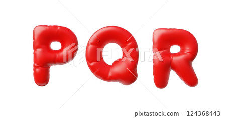 English alphabet uppercase letters P Q R from red inflated balloon 3D vector icon, render typing symbols puffy font sign 124368443