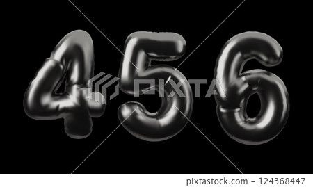 Vector 3d illustration of a set of numbers 4, 5, 6 in black chrome color on a dark background. 124368447