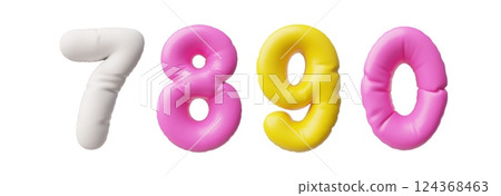 3d numbers 7,8,9,0 in balloon style in bright pink, yellow, white shades 124368463