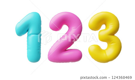 Realistic 3D volume colorful inflated balloon one, two, three numbers, vector 1 2 3 count typing symbol from air balloon 124368469