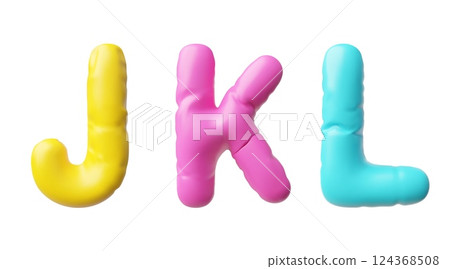 Realistic 3D volume inflated balloon multicolored J K L uppercase letter type of English alphabet, vector puffy font 124368508