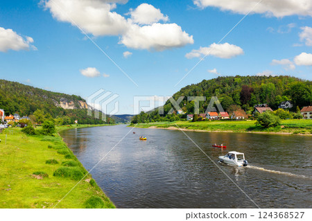 Panoramic scenic view rental boat cruising Elbe river curve Sachsische Schweiz National Park Germany Whelen Koenigstein mountain valley blue sky sunny day. Europe travel nature landscape destination Panoramic scenic view rental boat cruising Elbe river curve Sachsische Schweiz National Park Germany Whelen Koenigstein mountain valley blue sky sunny day. Europe travel nature landscape destination 124368527