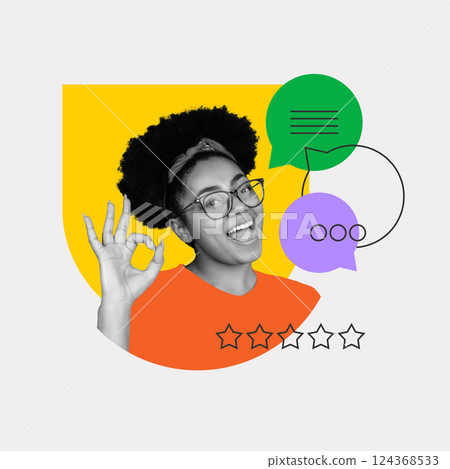 Playful rating. Happy woman showing OK sign with mid-rating graphic and message bubbles. 124368533