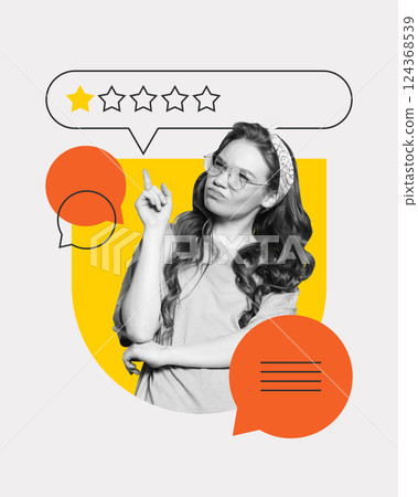 Critical opinion. Conceptual design showing young woman giving low rating with confused gesture Critical opinion. Conceptual design showing young woman giving low rating with confused gesture 124368539