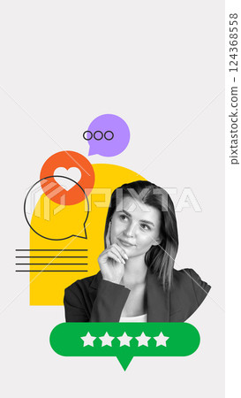 Customer reflection. Conceptual portrait of thoughtful woman with chat icons and review stars. 124368558