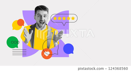 Happy client experience. Conceptual portrait of satisfied man with visual elements of rating, speech bubbles, and communication. 124368560