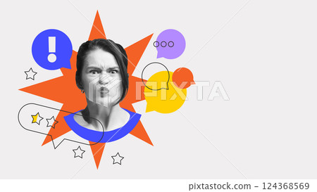 Angry woman with 1-star rating and exclamation mark. Negative customer experience expressed through strong emotional feedback 124368569