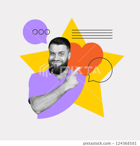 Man pointing at heart and speech bubble. Emotional connection between customer and brand through testimonial. Man pointing at heart and speech bubble. Emotional connection between customer and brand through testimonial. 124368581