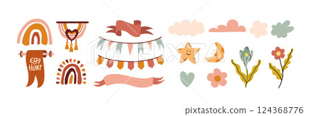 Simple Boho elements set. Clouds, flowers, flags and rainbow in pastel brown colors. Collection of decorative illustrations for children's room design, organization of celebrations and parties. 124368776