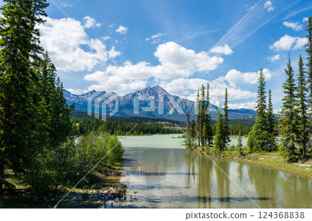 Majestic Pyramid Mountain Reflections on Athabasca River, Jasper National Park, Alberta, Canada Majestic Pyramid Mountain Reflections on Athabasca River, Jasper National Park, Alberta, Canada 124368838