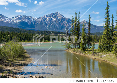 Majestic Pyramid Mountain Reflections on Athabasca River, Jasper National Park, Alberta, Canada 124368839