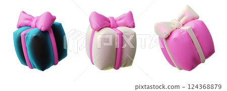 3D gift box with ribbon bow from inflated balloon vector icons set, festive present surprise, volume holiday decoration 3D gift box with ribbon bow from inflated balloon vector icons set, festive present surprise, volume holiday decoration 124368879