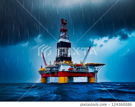 The colorful offshore oil and gas drilling rig in the rain. 124368886