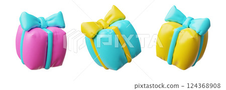 3D illustration of a set with the image of bright children's inflatable gift boxes with bows. 3D illustration of a set with the image of bright children's inflatable gift boxes with bows. 124368908