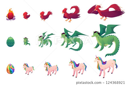 Vector of the life cycle of the dragon, phoenix and unicorn: from egg to adult, 124368921