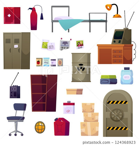 Vector illustration of a futuristic bomb shelter kit with drawers, cabinet and safety equipment 124368923