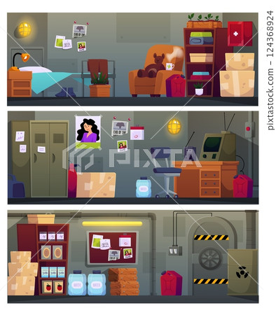 Underground bunker interior vector set, cartoon basement shelter room with hopper door, stocks storage, bedroom, station 124368924