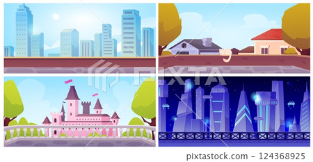 Vector set rooftop views of a futuristic city with skyscrapers, megalopolis, country houses, fabulous castle 124368925
