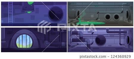Vector illustration of a Sawer kit with pipes through which a green toxic liquid flows Vector illustration of a Sawer kit with pipes through which a green toxic liquid flows 124368929