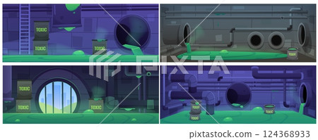 Vector illustration of a set of rooms with the image of sewer basements with pouring toxic waste. Vector illustration of a set of rooms with the image of sewer basements with pouring toxic waste. 124368933