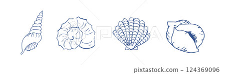 Sea shell sketch ocean life hand drawn illustration. Outline modern style, summer, vacation, beach design elements. Coral and seaweed, starfish line.  124369096
