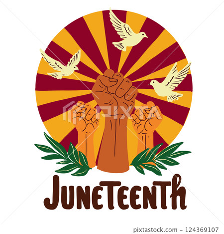 African american Juneteenth Freedom Day vector card with fists rised up and text Juneteenth. 124369107