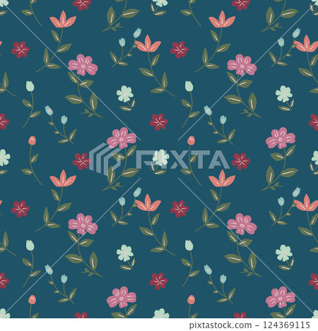Ditsy floral seamless pattern with spring meadow flowers on deep blue background. 124369115